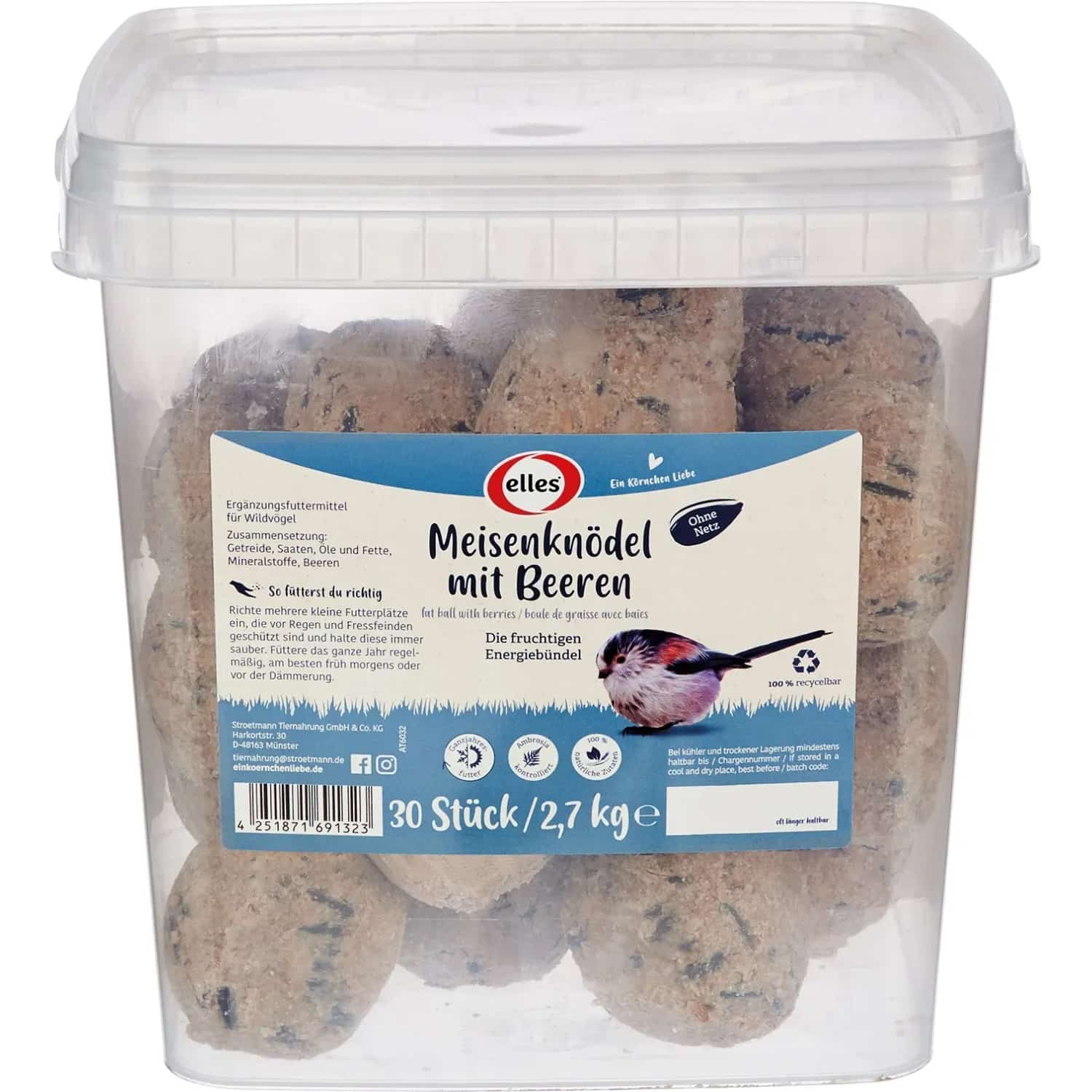 Elles Wildvogelfutter Meisenknödel mit Beeren ohne Netz 30 Stück
