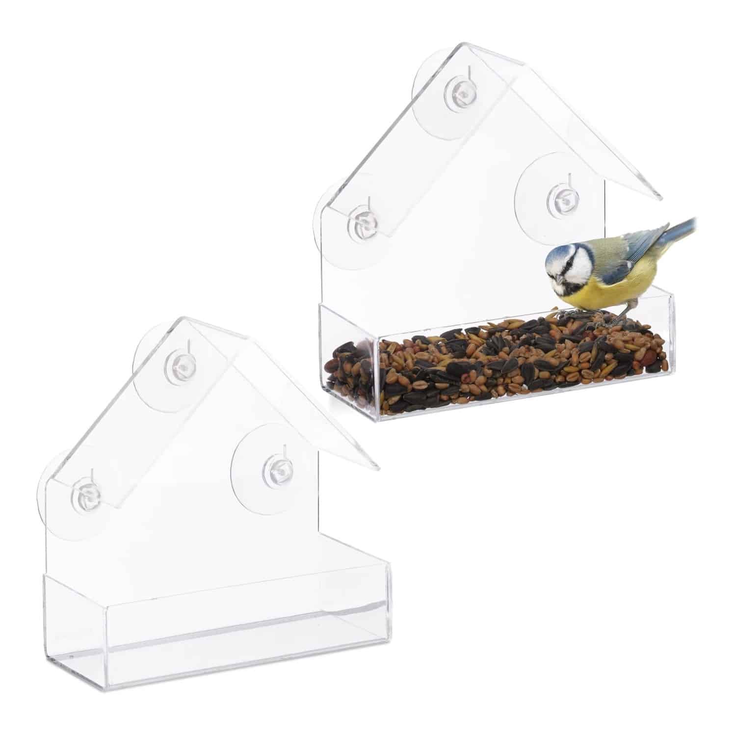 Relaxdays Fenster Vogelfutterhaus 2er Set Acryl Transparent mit Saugnäpfen 15 cm x 15 cm x 7 cm 120 g