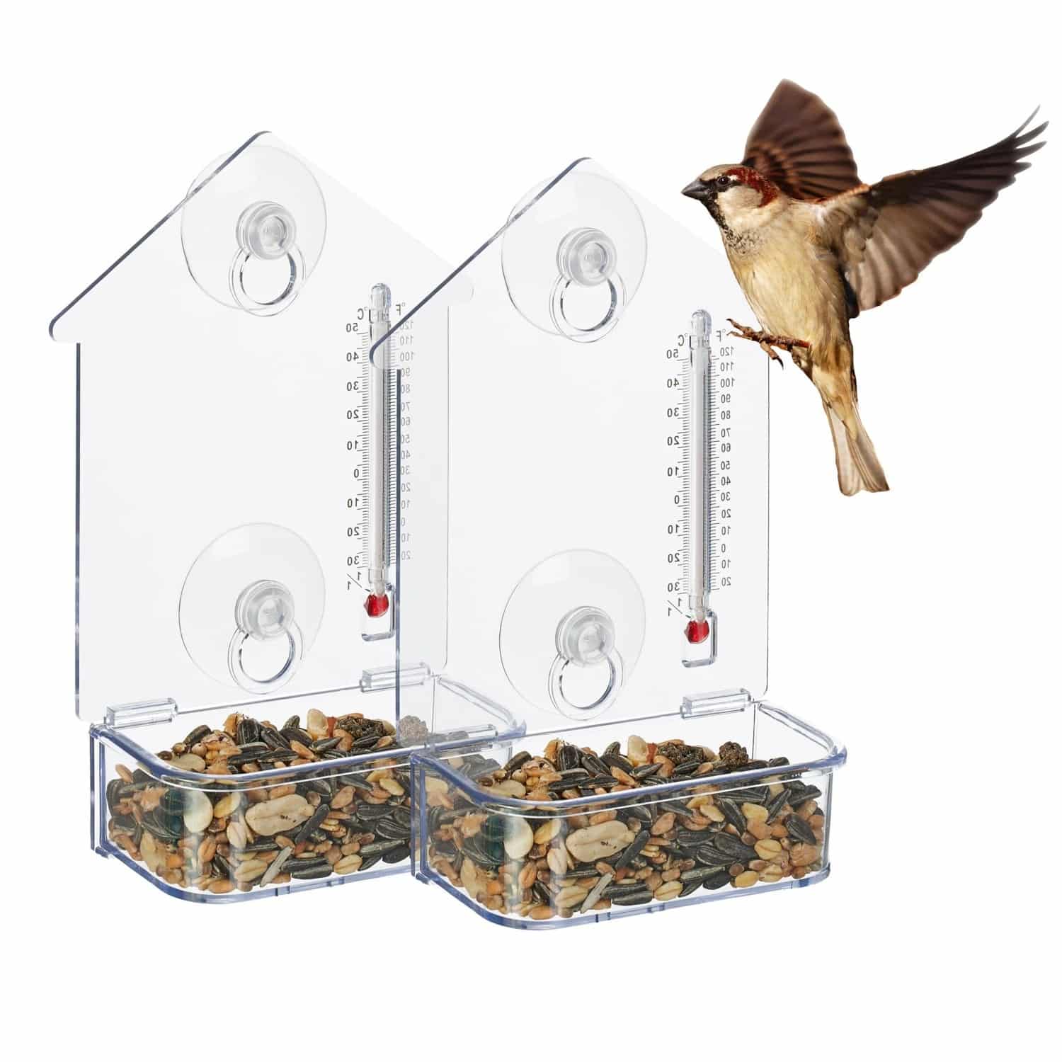 Relaxdays Fenster Vogelfutterhaus Acryl Transparent mit Thermometer 17 x 11