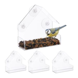 Relaxdays Fenstervogelfutterhäuser 4er Set Kunststoff Transparent mit Saugnäpfen 15 cm x 15 cm x 7 cm