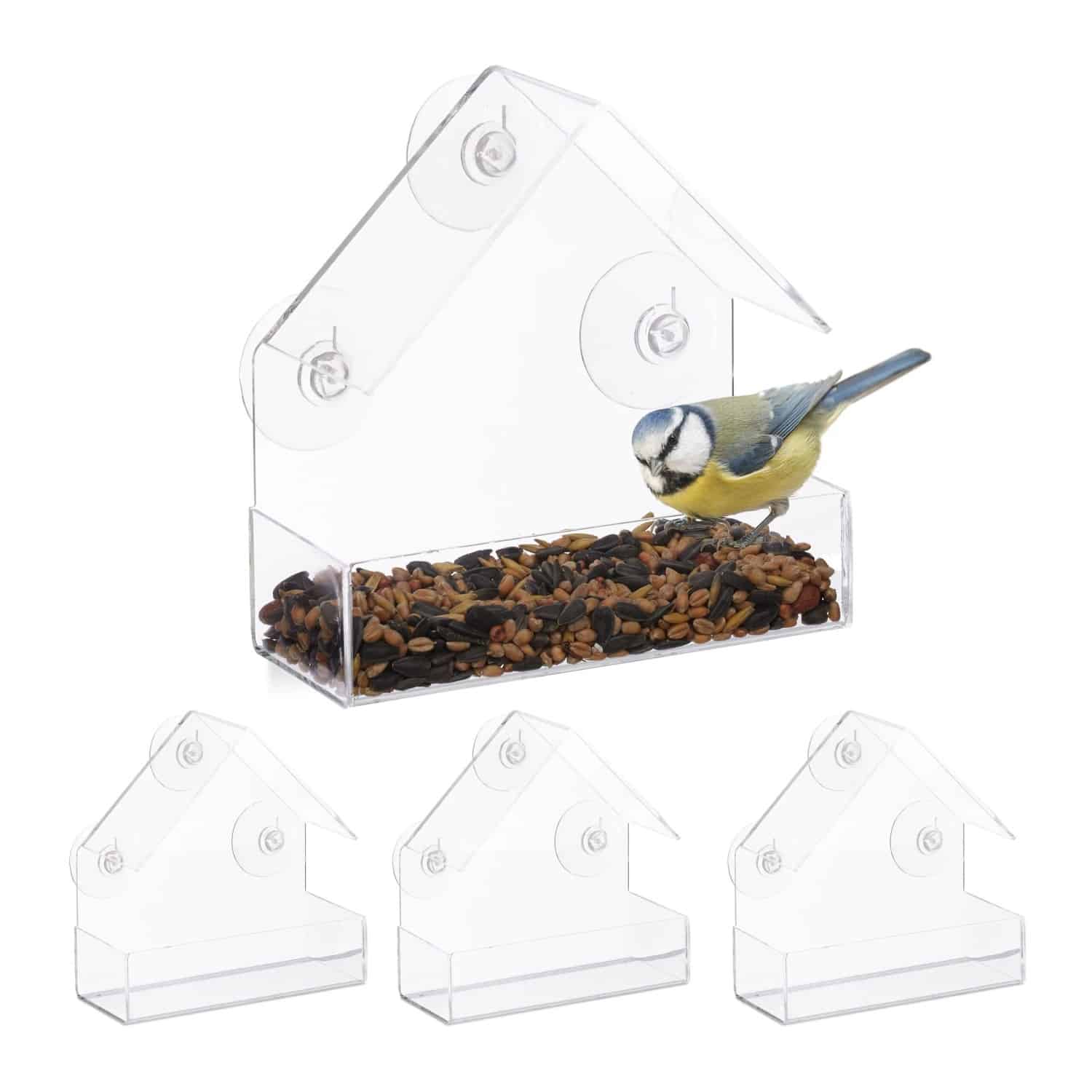 Relaxdays Fenstervogelfutterhäuser 4er Set Kunststoff Transparent mit Saugnäpfen 15 cm x 15 cm x 7 cm