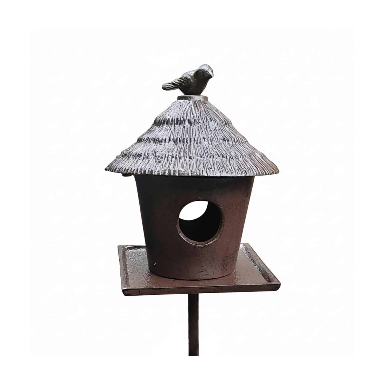 Relaxdays Vogelfutterhaus Gusseisen Braun Freistehend Witterungsbeständig mit Ständer 110 cm x 15