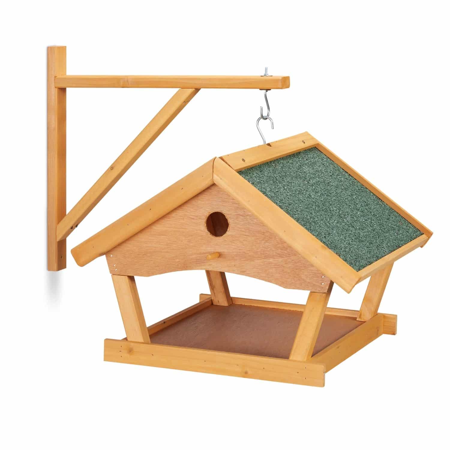 Relaxdays Vogelfutterhaus Holz Stein Natur Grün mit Wandhalterung 35 cm x 42
