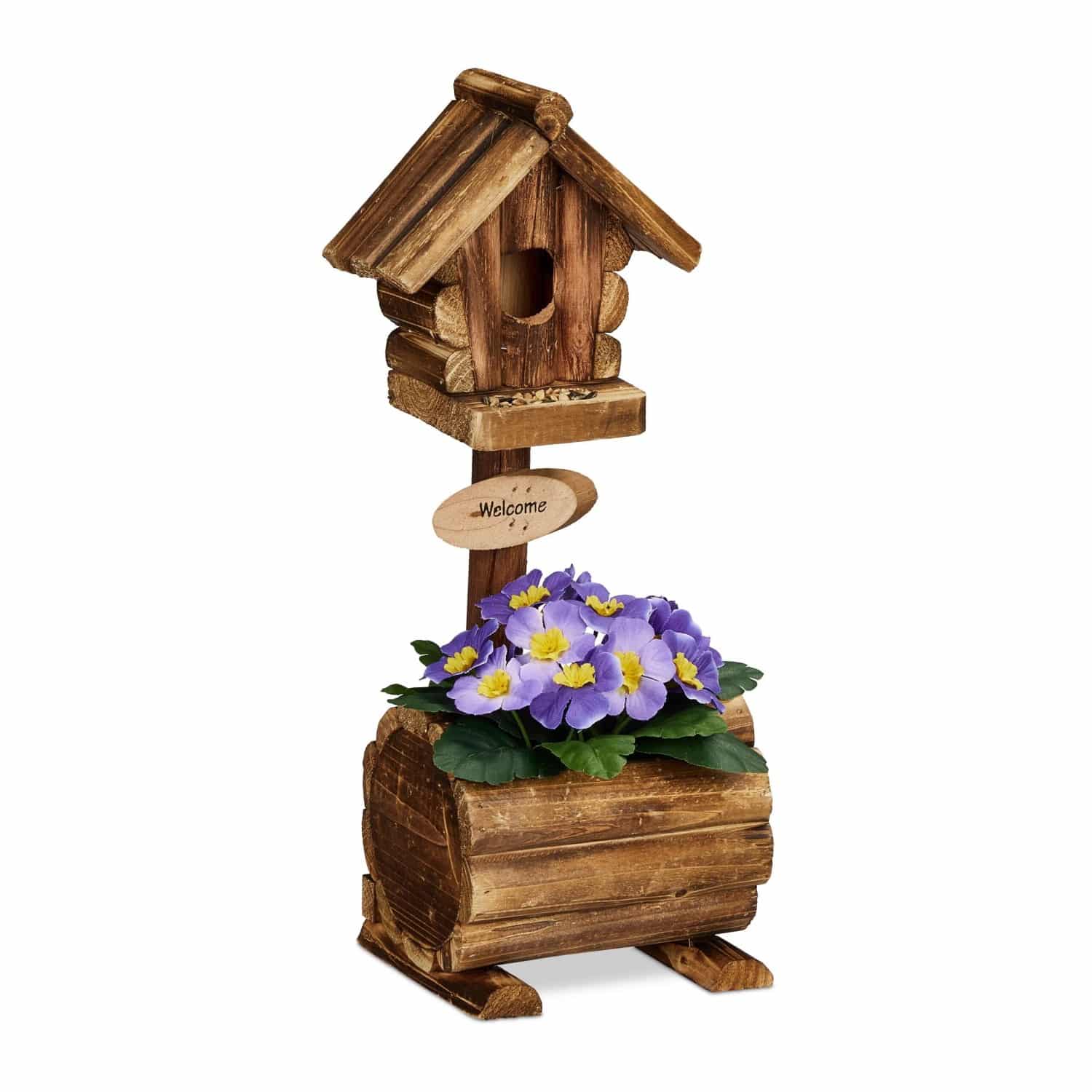 Relaxdays Vogelhäuschen Tannenholz Natur Mit Blumentopf 41 cm x 15 cm x 15 cm