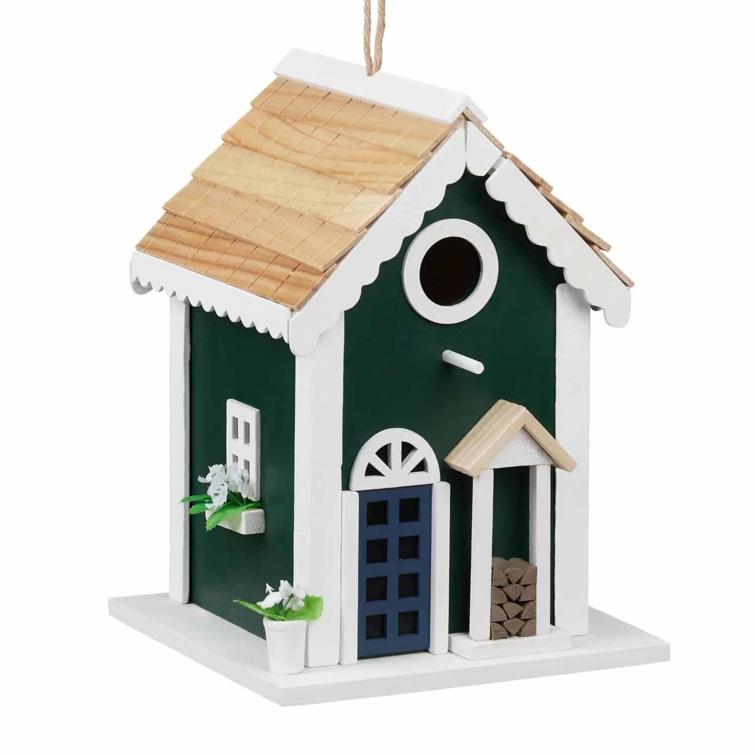 Relaxdays Vogelhaus Landhaus Holz Grün Weiß Natur Hängend 25