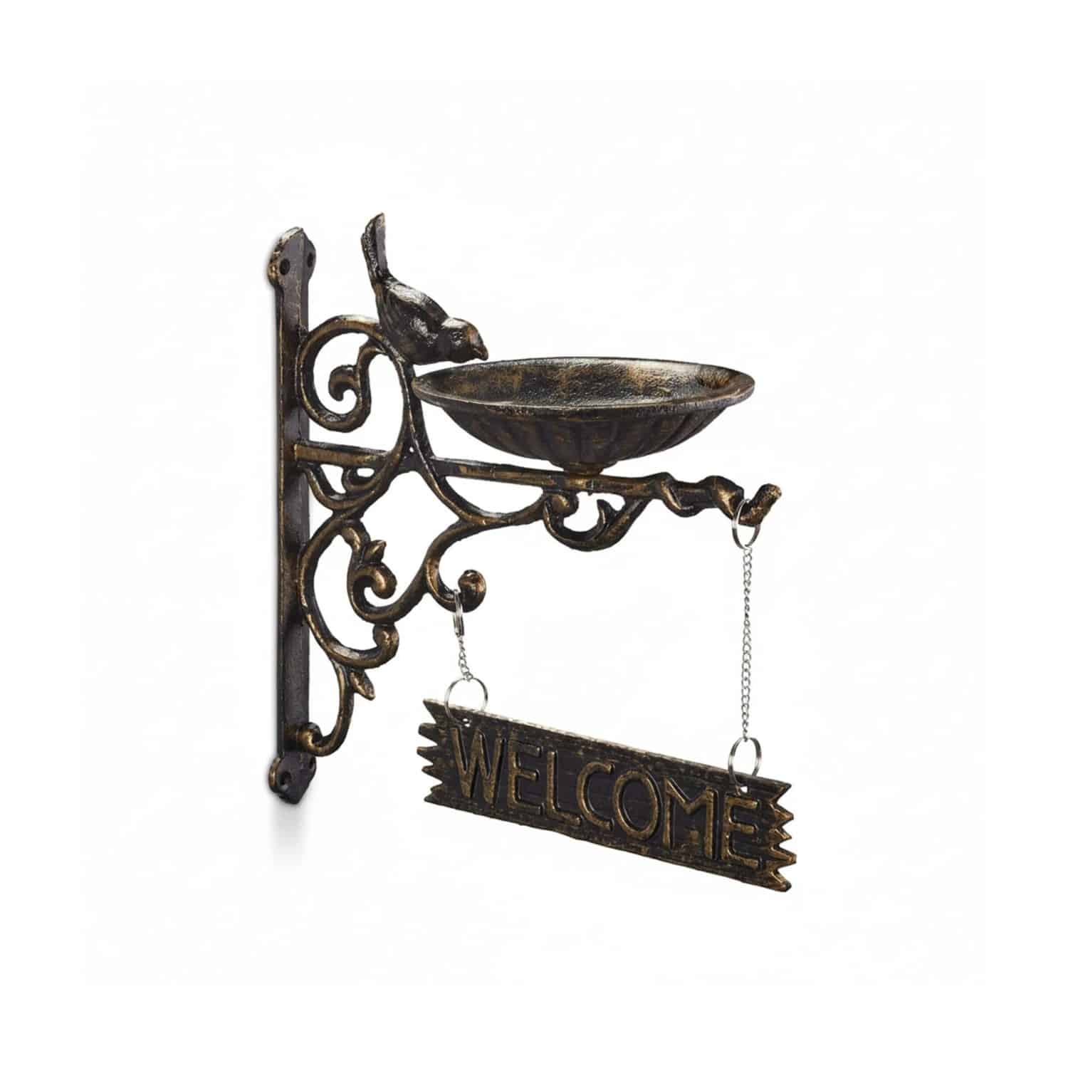Relaxdays Vogeltränke Gusseisen Bronze Wetterfest mit Welcome Schild 25 cm x 22