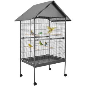 Tectake Vogelkäfig Bubi In Hammerschlagoptik Mit Feststellbaren Rollen  85 x 60 x 168 cm Anthrazit
